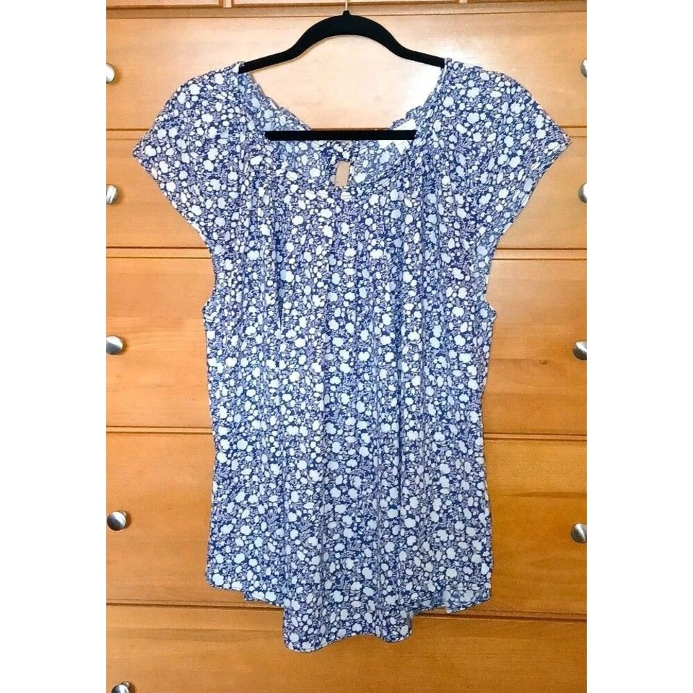 LC lauren conrad Women 0X Floral Navy Cream Career Casual Short Slv Blouse Top